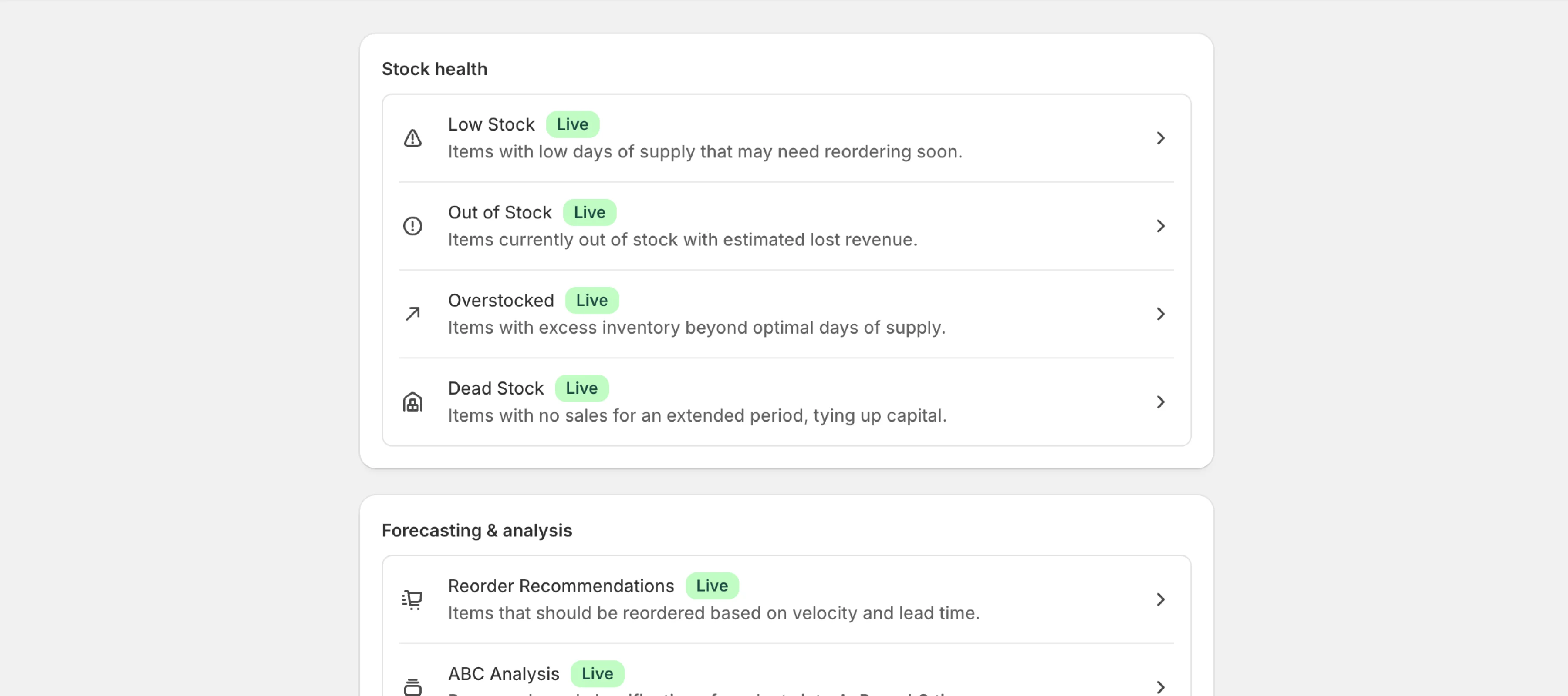 Built-in inventory reports and scheduled delivery